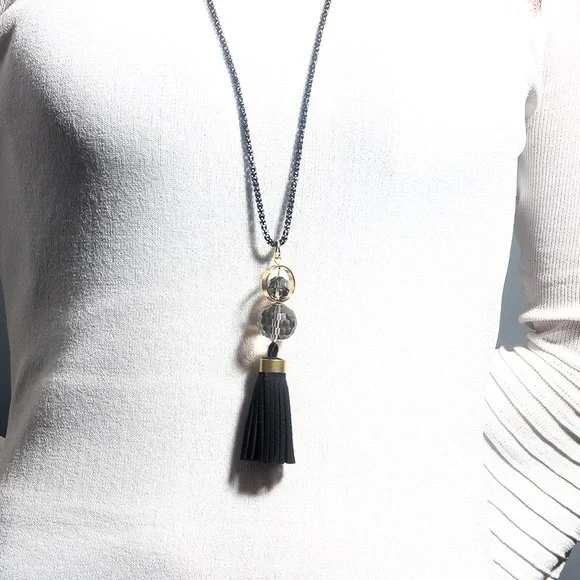 Chic Clear Sphere Long Black and Gold Tassel Necklace - Picture 2 of 11